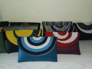 Leather Clutch Bags With Beads Design, Hand-knitted
