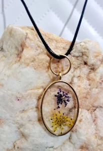 Purple And Yellow Flower Oval Resin Necklace