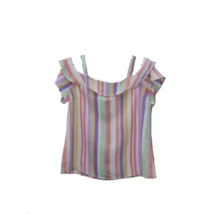 Multicolor Vertical Stripe Ruffle Frill  Short Sleeve Top