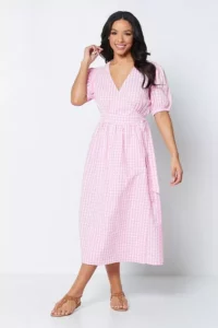 Gingham Wrap Pink/white Midi Dress Size:14&16