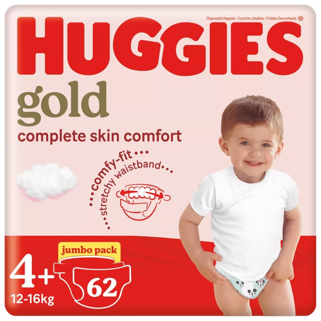 Huggies Gold Size 4+ (12-16kg) 62 Disposable Nappies Jumbo Pack