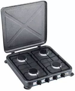 A sleek gas table-top stove with multiple burners, perfect for small kitchens.