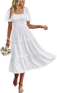Women's Casual Summer Dress With Square Neck Flutter Sleeve Smocked Tiered Midi Dress